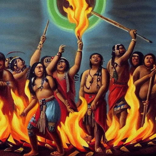 Prompt: reinassance painting of a group of indigens putting the whatsapp logo on fire in a big bonfire. realistic. tribal. whatsapp logo on fire. style of veronese