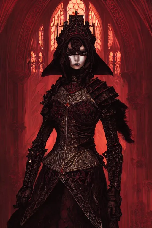 Prompt: beautiful luxury and gothic and victorian and evil medieval female reddish and black color armor knight portrait+smoky eyes+light flowing hair, in ruin gothic cathedral, ultradetail face, art and illustration by tian zi and craig mullins and WLOP and alphonse mucha, fantasy, intricate complexity, human structure, fantasy world concept, watermark, blurry, hyperrealism 8k