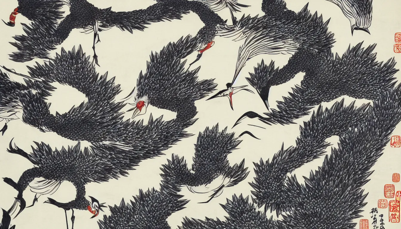 Image similar to traditional chinese ink of japanese crane by hokusai, ultra detailed