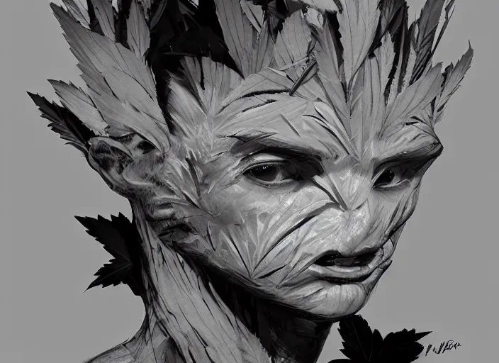 Prompt: duotone concept illustration 3 / 4 portrait of baby face consisting of marijuana, baby groot, cannabis!, cinematic volumentric lighting, jim cheung, david marquez, mike deodato jr, ilya kuvshinov, makoto shinka, behance hd by jesper ejsing, by rhads, hyper detailed, octane render, concept art, artstation