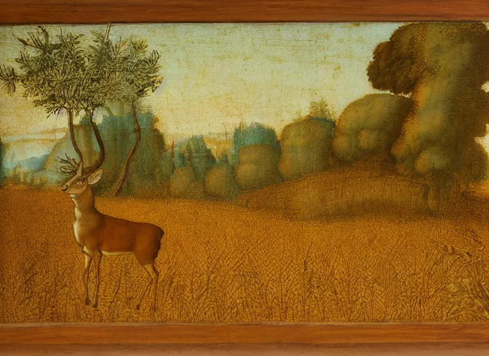 Prompt: A painting in the style Leonardo Da Vinci of a deer standing in a wheat field surrounded by a forest