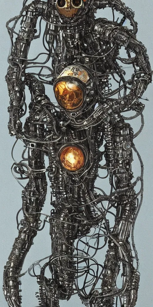 Prompt: a metallic eldritch cyborg humanoid with astronaut like features, hp lovecraft, alan bean