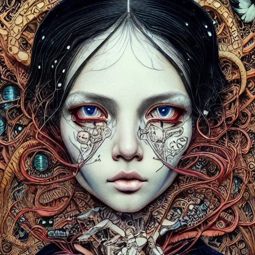 Image similar to beautiful portrait painted in jacek yerka and aykut aydogdu style drawn by vania zouravliov and takato yamamoto, inspired by cyberpunk, intricate acrylic gouache painting, high detail, sharp high detail, artstation, manga and anime