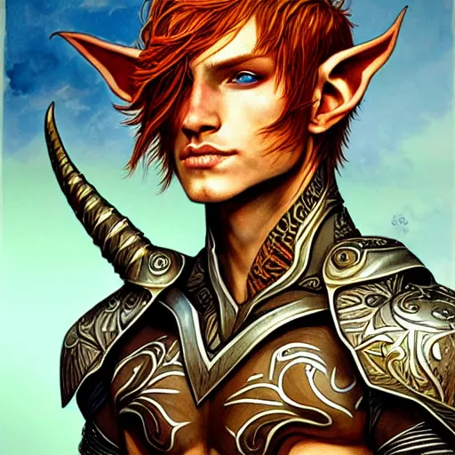 Prompt: portrait painting of an elven young man with short ginger hair and tribal tattoos wearing light armor, sharp focus, award - winning, trending on artstation, masterpiece, highly detailed, intricate. art by rebecca guay