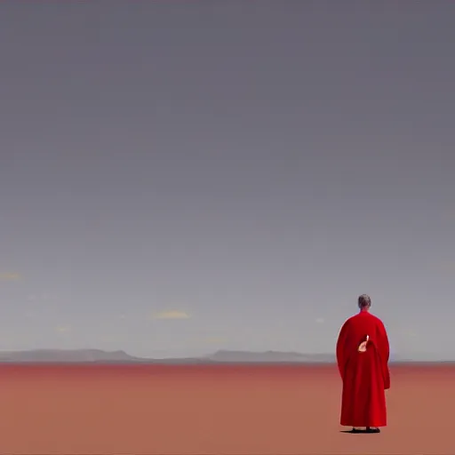 Image similar to an evil priest wearing red robes walking in a desert, sunny weather, gerhard richter, rendered in octane, realistic, 8 k, vivid, intricate, detailed