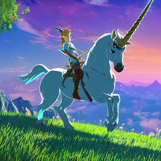 Image similar to beautiful majestic unicorn in the style of legend of zelda breath of the wild, 4 k, hd, hq