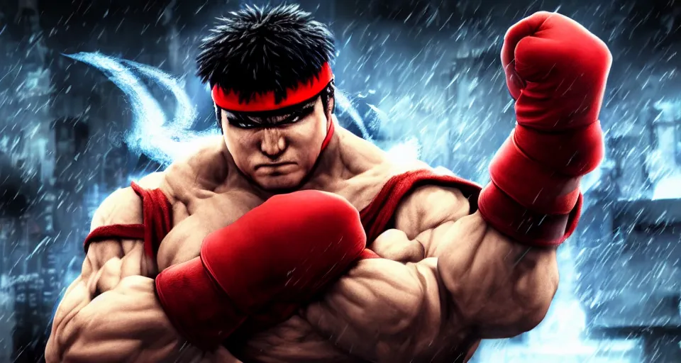 Image similar to ryu , street fighter , fighting Batman, 4k