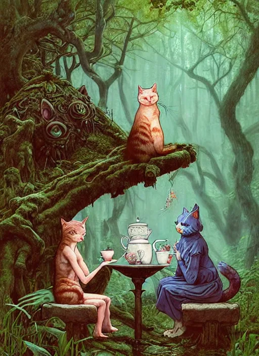 Prompt: cat having tea with a sorceress at a shrine in the woods by a stream, river gorgeous lighting, lush forest foliage blue sky a hyper realistic painting by chiara bautista and beksinski and norman rockwell and greg rutkowski weta studio, and lucasfilm