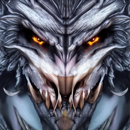 Image similar to a digital art close up portrait of werewolf demon from warhammer, scary werewolf character sheet, 4 k, ultra detail, volumetric lighting, unreal engine, octane render