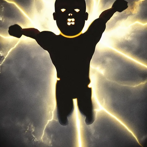 Image similar to A terrifying brown skinned Latino god floating with his arms up, his eyes glowing yellow, casually dressed, his head glowing blue ominously. Shot from below, photorealistic, ominous and apocalyptic dark sky.