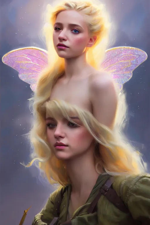 Image similar to cinematic shot of an epic portrait of a cute blonde fairy dressed in military clothes, stylised military clothes, large wings on back, shiny skin, beautiful, small details, realistic poster with volumetric light from jeremy lipkin and michael garmash, craig mallism, artgerm, unreal engine, radiant light, digital art, trends at art station, a masterpiece