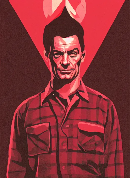 Image similar to Twin Peaks poster artwork by Michael Whelan and Bob Larkin, of portrait of Joe Rogan in red flannel, spotlight from the sky shining on him, from scene from Twin Peaks, clean, simple illustration, nostalgic, domestic