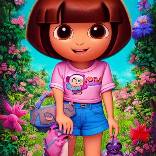 Prompt: dora the explorer as real girl in happy pose, detailed, intricate complex background, Pop Surrealism lowbrow art style, mute colors, soft lighting, by Mark Ryden and Allen Ginsberg, artstation cgsociety