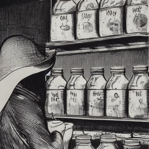 Prompt: a shady, veiled figure buying a jar of delicious honey in a store, ominous atmosphere