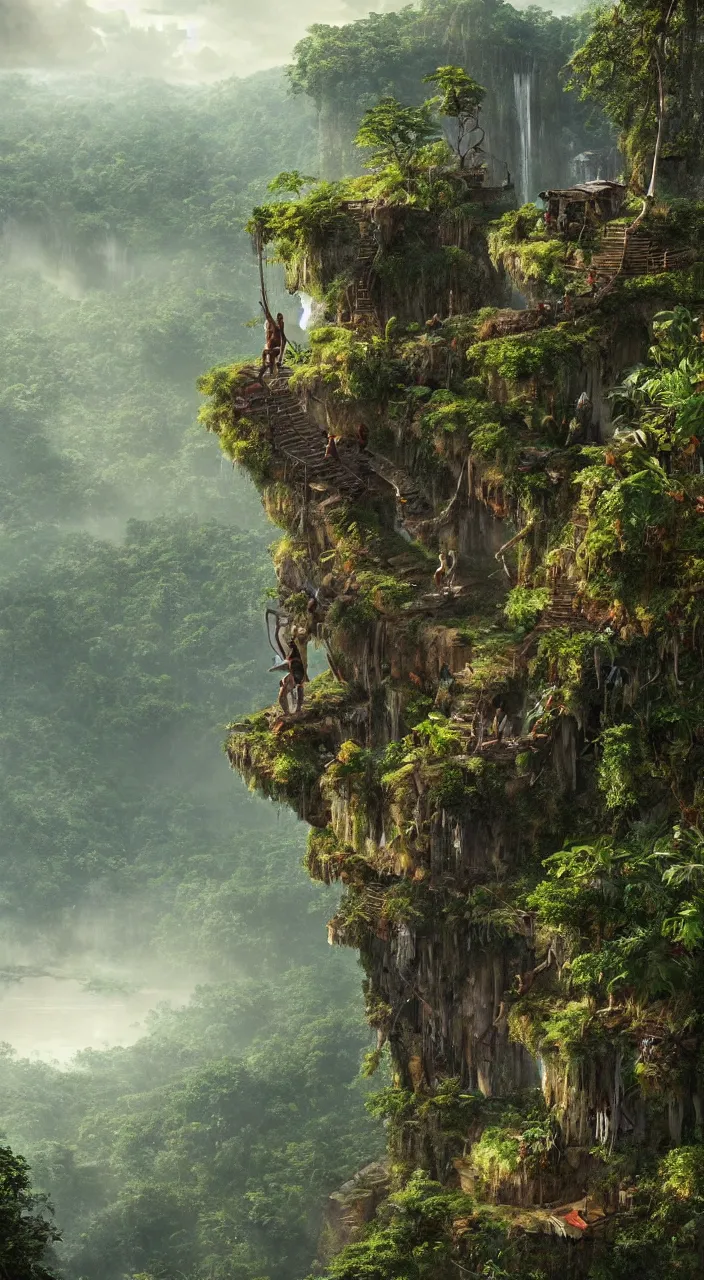 Prompt: a lone amerindian overlooking a ledge towards the jungle below in dense amazon forest | highly detailed | very intricate | cinematic lighting | by asher brown durand and eddie mendoza | featured on artstation