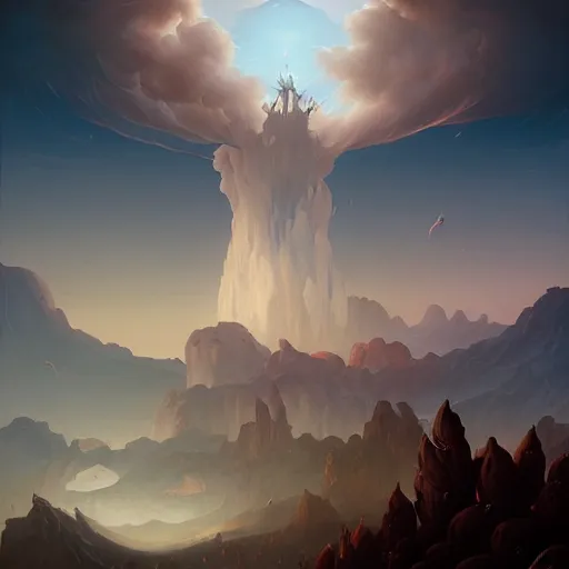 Image similar to A Surreal Landscape by Peter Mohrbacher and Caspar David Friedrich