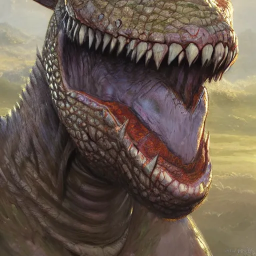 Image similar to barney the dinosaur as a realistic fantasy d & d knight, closeup portrait art by donato giancola and greg rutkowski, realistic face, digital art, trending on artstation