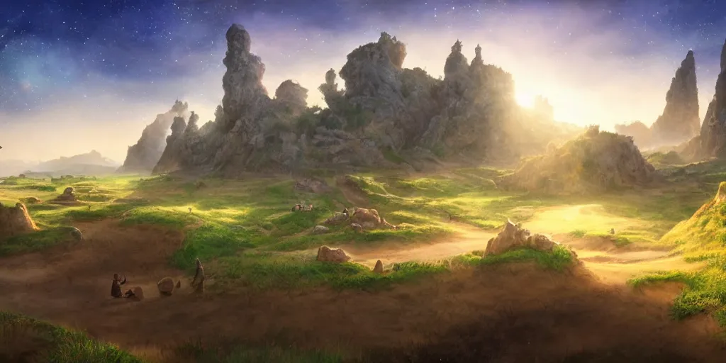 Image similar to lush and beautiful concept art for the shire, floating rocks, arabian castles, sand, golden sun, planets, lord of the rings, peter jackson, studio ghibli, detailed, realistic lighting, volumetric lighting, golden hour,