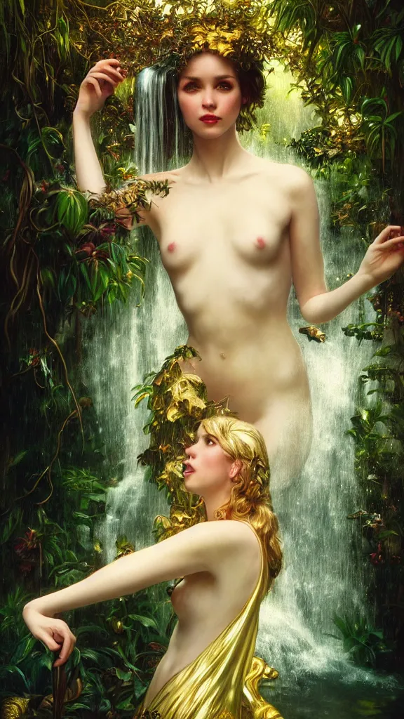 Image similar to hyper realistic photographer looking through a vintage medium format camera, taking pictures, magic pouring from lens, fantasy castle, full body waterfall water dress, design on white background, beautiful details, lush foliage cyberpunk, gold, drawn by john singer sargent, tom bagshaw, norman rockwell, alphonso mucha, lolish, trending on artstation