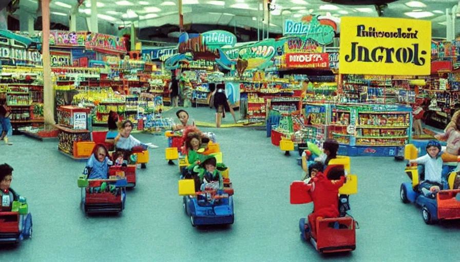 Image similar to 1990s photo of inside the Boring News Grown up errands ride at Universal Studios in Orlando, Florida, children riding on tiny minivans go-carts through a fake grocery store maze course , Nickelodeon slime blaster, flying soccer balls, business men, cinematic, UHD