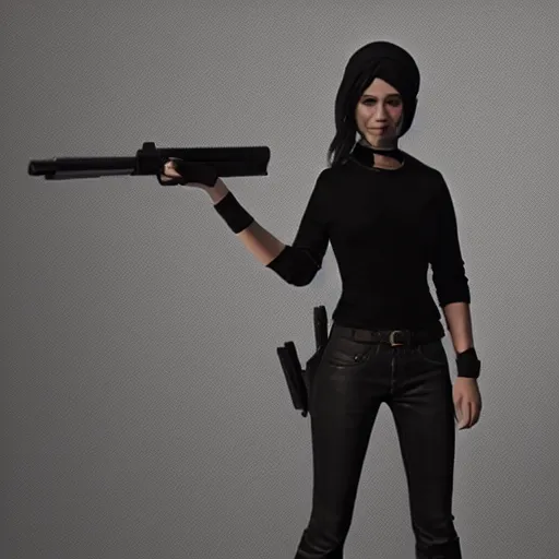 Image similar to photograph of a young woman wearing a all black clothes holding a Gun, detailed, artstation, concept art, Unreal Engine 5 render, gameplay showcase, 8K