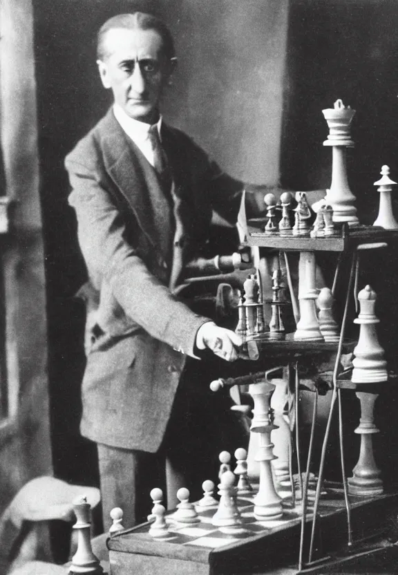 Image similar to marcel duchamp holding up a chess - piece wire - machine, a surrealist painting by marcel duchamp, complex artificial - intelligence machinery, flickr contest winner, studio portrait, 1 9 2 0 s