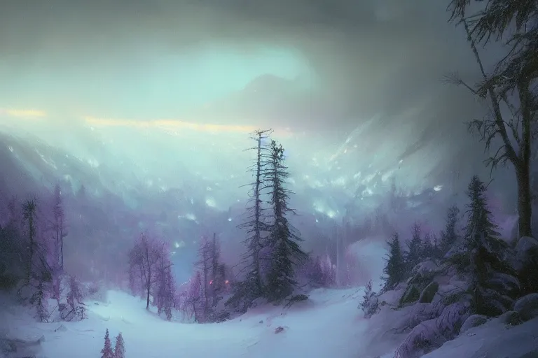 Prompt: a beautiful oil painting of a valley covered in snow, trees with purple, thunderstorm in the sky, blue lighting, gloomy, atmospheric lighting, detailed, beautiful!!, purple bioluminescence, by greg rutkowski, trending on artstation