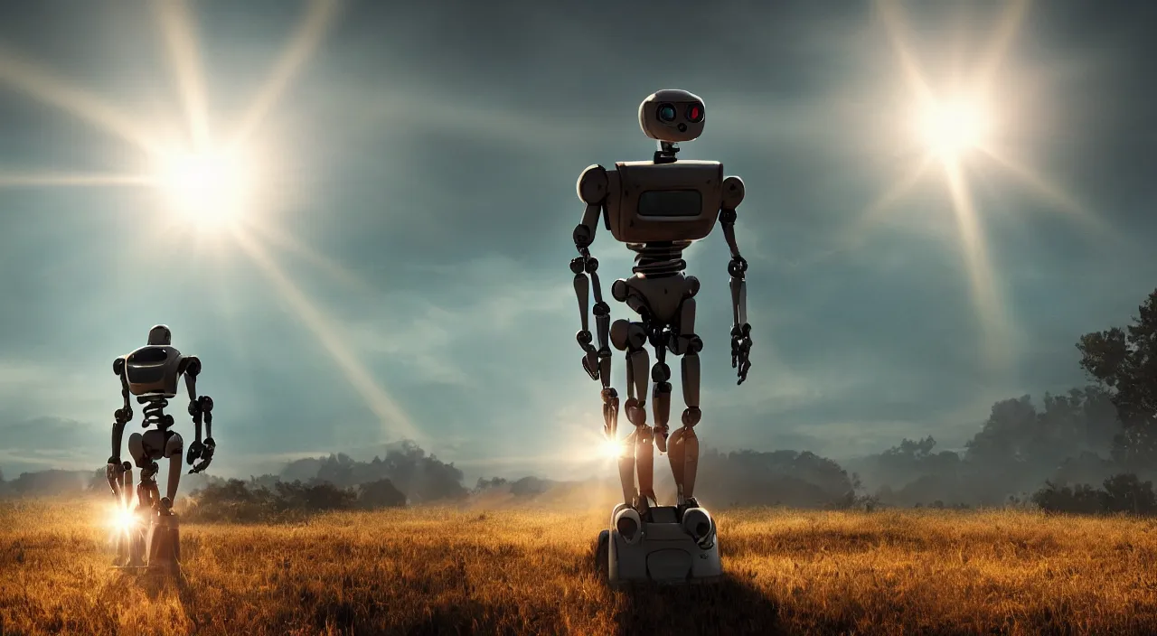 Prompt: a robot in a movie, cinematic shot, sun beams