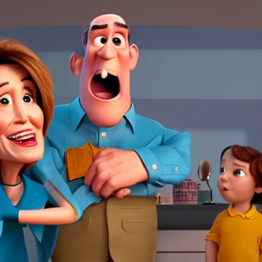 Image similar to film still of a pixar movie about nancy pelosi