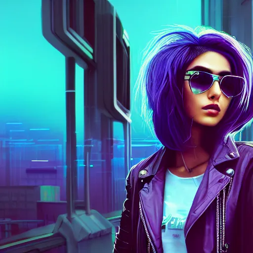 Prompt: closeup painting of a very beautiful young mexican cyberpunk woman with a smirk, wearing light blue venetian blind shades and a purple coloured leather jacket, one side haircut, long brown hair with light blue ends, portrait, hyperdetailed, artstation, cgsociety, 8 k, synthwave image