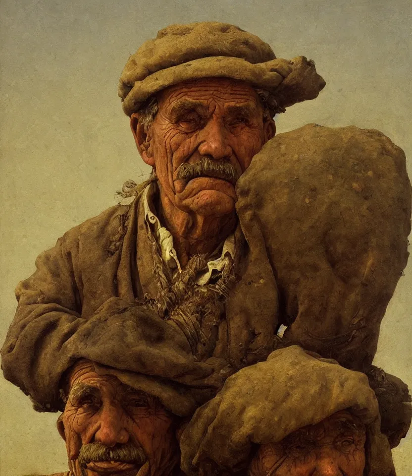 Image similar to a detailed painting portrait of an old rugged potato farmer in his field by moebius cinematic. by carl spitzweg. baroque elements. baroque element. intricate artwork by caravaggio. oil painting. oil on canvas. award winning. dramatic. trending on artstation. 8 k