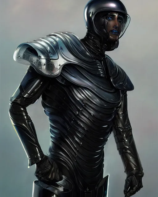 Image similar to iridescent sinewy smooth muscular male sleek glossy black pearlescent scifi armor with smooth black featureless helmet, by mark brookes, jim burns, tom bagshaw, magali villeneuve, trending on artstation