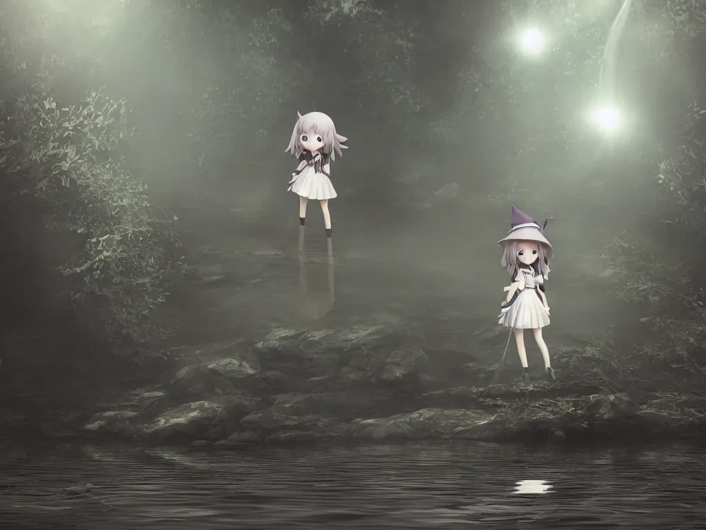 Prompt: cute fumo plush girl witch standing in reflective murky river water, volumetric fog and smoke, light shafts shining through the dusky light, moonglow, lens flare, chibi anime, vray