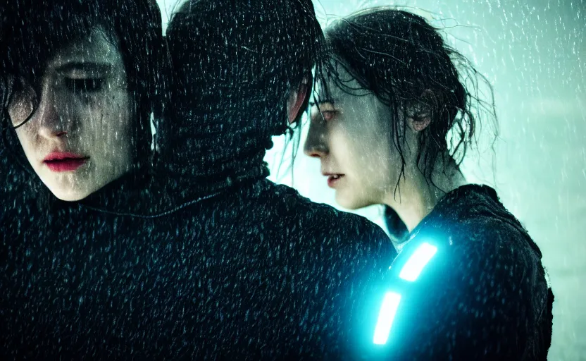 Prompt: cinestill 5 0 d candid photographic portrait by christopher nolan of two loving female androids sobbing wearing rugged black mesh techwear in treacherous waters, medium closeup, modern cyberpunk moody emotional cinematic, pouring iridescent rain bright spotlight, 8 k, hd, high resolution, 3 5 mm, f / 3 2, ultra realistic faces, ex machina