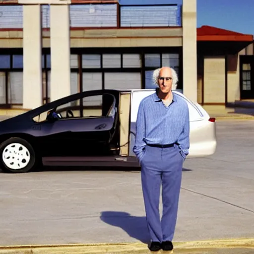 Image similar to larry david standing on a 2 0 0 9 toyota prius vaporwave 9 0 s