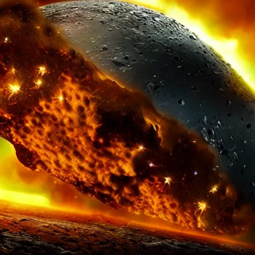 Image similar to an asteroid is crashing into earth. movie. cinematic. epic. huge explosion. particle effects. molten. octane renderer.