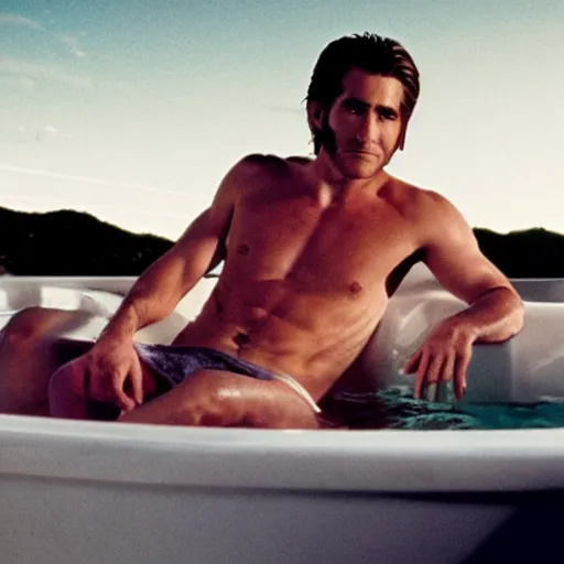 Prompt: movie poster cinestill of Jake Gyllenhaal as patrick Swayze sitting in a hot tub in the movie Road House