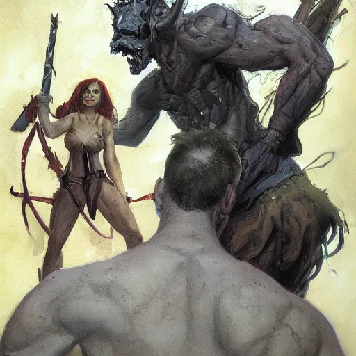 Prompt: a soldier with his back to the viewer, looks up to a giant demoness, by jon foster