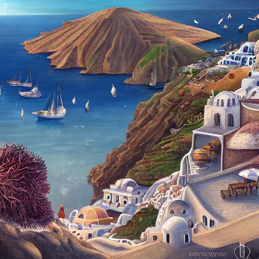 Image similar to Santorini Greece attacked by sea creatures, highly detailed artstation,