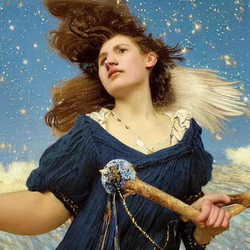 Image similar to the photograph features a woman with wings made of stars, surrounded by a blue and white night sky. the woman is holding a staff in one hand, and a star in the other. she is wearing a billowing white dress, and her hair is blowing in the wind. cool yellow by lawrence alma - tadema, by martine johanna mournful, cgi