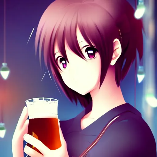 Prompt: Wholesome and masculine looking anime girl at a bar drinking a beer, warm glow from the lights, angle that looks up at her from below, deviantart, pixiv, detailed face, smug appearance, beautiful anime, obviously drunk with reddish cheeks, detailed anime eyes with pupils, in the style of 90s anime