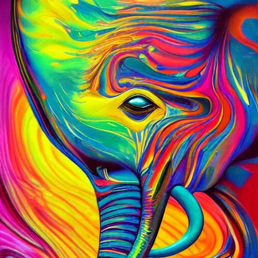 Image similar to fluid dynamics flow art a painting of an elephant with a colorful swirl, acrylic marbling art by sam spratt, deviantart, psychedelic art, psychedelic, cosmic horror, chromatic