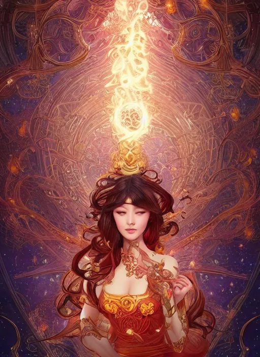 Prompt: fire pincess surrounded by starlight, moon behind, chinese fantasy, intricate complexity, elegant, hyper detailed, scattered diffusion, ultra definition, photoreal, artstation, unreal engine rendered, concept art, smooth, sharp focus, illustration, art by artgerm and pendleton ward and alphonse mucha and garis edelweiss