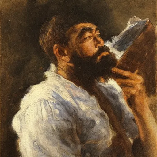 Image similar to Ferdinand Magellan eating cement, oil on canvas, by Juan Luna