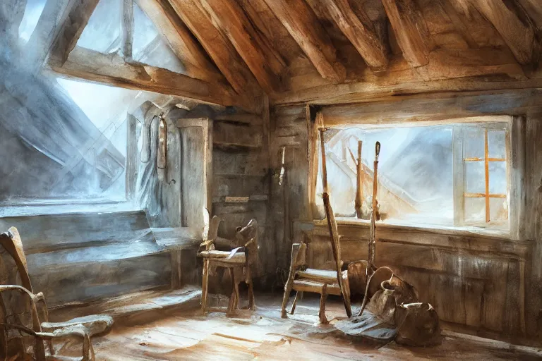 Prompt: paint brush strokes, abstract watercolor painting of rustic village house, interior closeup, medieval straw roof, scandinavian viking age, fog, ambient lighting, art by hans dahl, by jesper ejsing, art by anders zorn, wonderful masterpiece by greg rutkowski, cinematic light, american romanticism by greg manchess, creation by tyler edlin