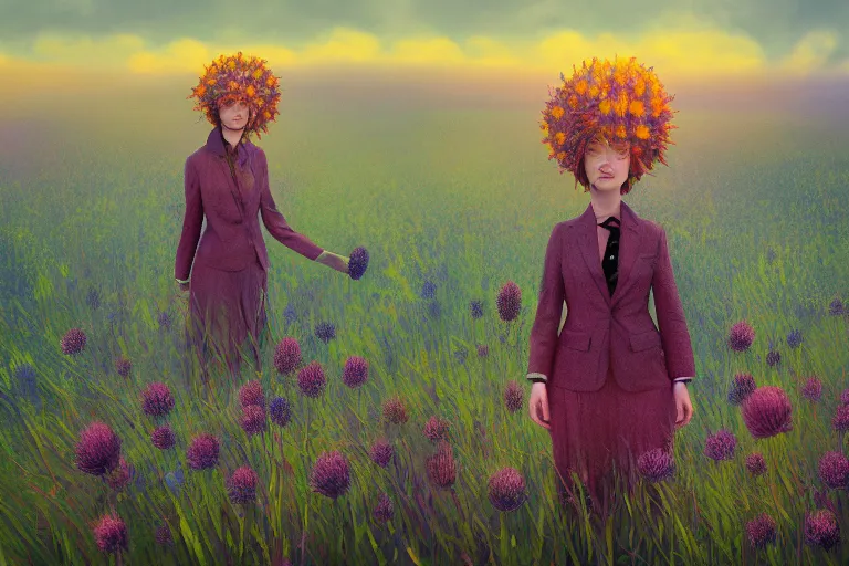 Prompt: thistle flower under head, a girl in a suit in field of flowers, surreal photography, sunrise, blue sky, dramatic light, impressionist painting, digital painting, artstation, simon stalenhag