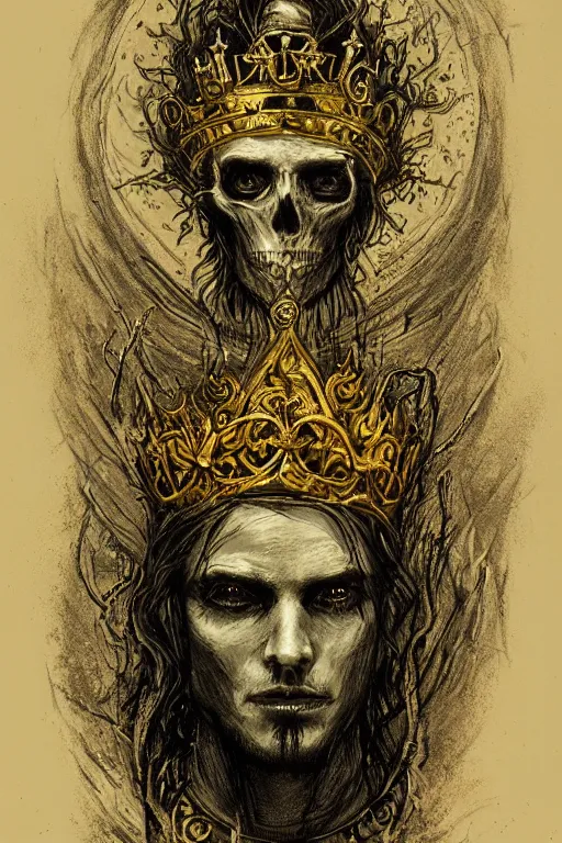 Image similar to Portrait of the Prince of Entropy wearing a crown, high fantasy, gothic, black paper, dark atmosphere, skulls, detailed, cinematic, ornate, tarot card, highly detailed, ink illustration, Guy Denning, Anato Finnstark, golden ratio, 8k,