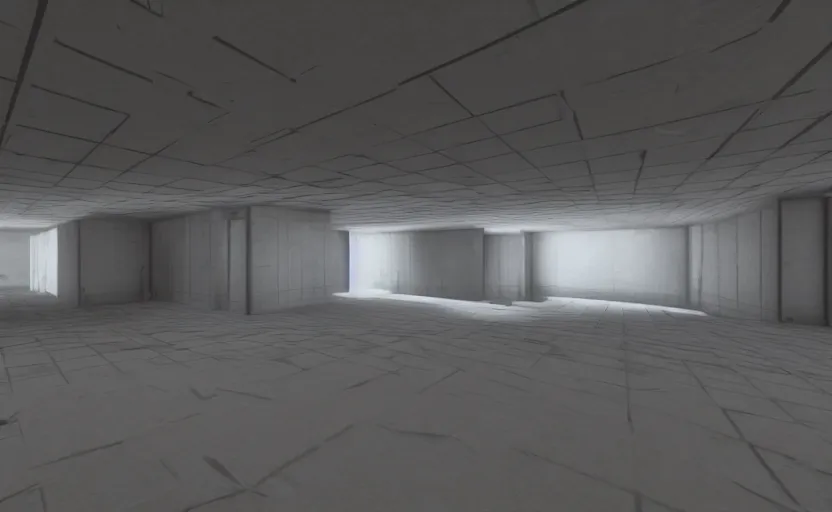 Image similar to in - game screenshot of a first person shooter on unreal engine 5, narrow modern hallways of a secret government facility, white dry wall, photorealistic, liminal, brutalism, minimalism, soft vintage glow