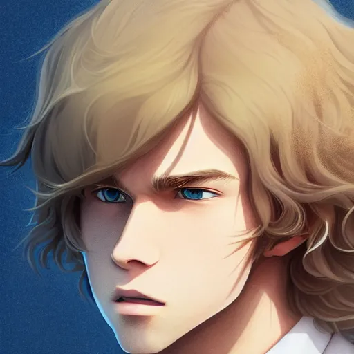 Image similar to young man with medium - length, curly, golden hair, perfectly proportioned face, aquamarine eyes, natural lighting, path traced, highly detailed, high quality, cartoon, digital painting, by new haicheng and studio ghibli