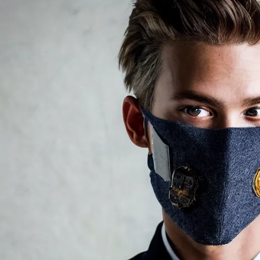 Image similar to Portrait photo of adult Austin Butler with exposed dark-hair head, dressed in grey-prussian blue Tudor-future clothing with embroidered-Rams-head-emblem, and nanocarbon-vest, in an arena in Dune 2021, XF IQ4, f/1.4, ISO 200, 1/160s, 8K